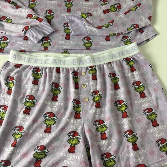 American Eagle Grinch Santa Pajama Set XL Top & Shorts AE Lounge naughty or nice - Picture 2 of 13